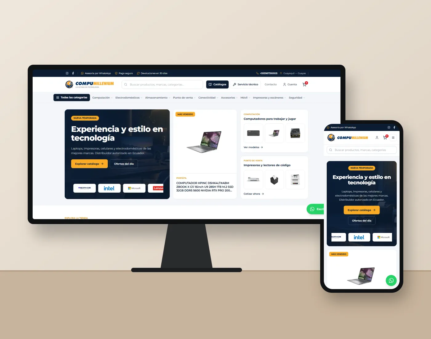 Mockup de una tienda de tecnología en línea en monitor y teléfono