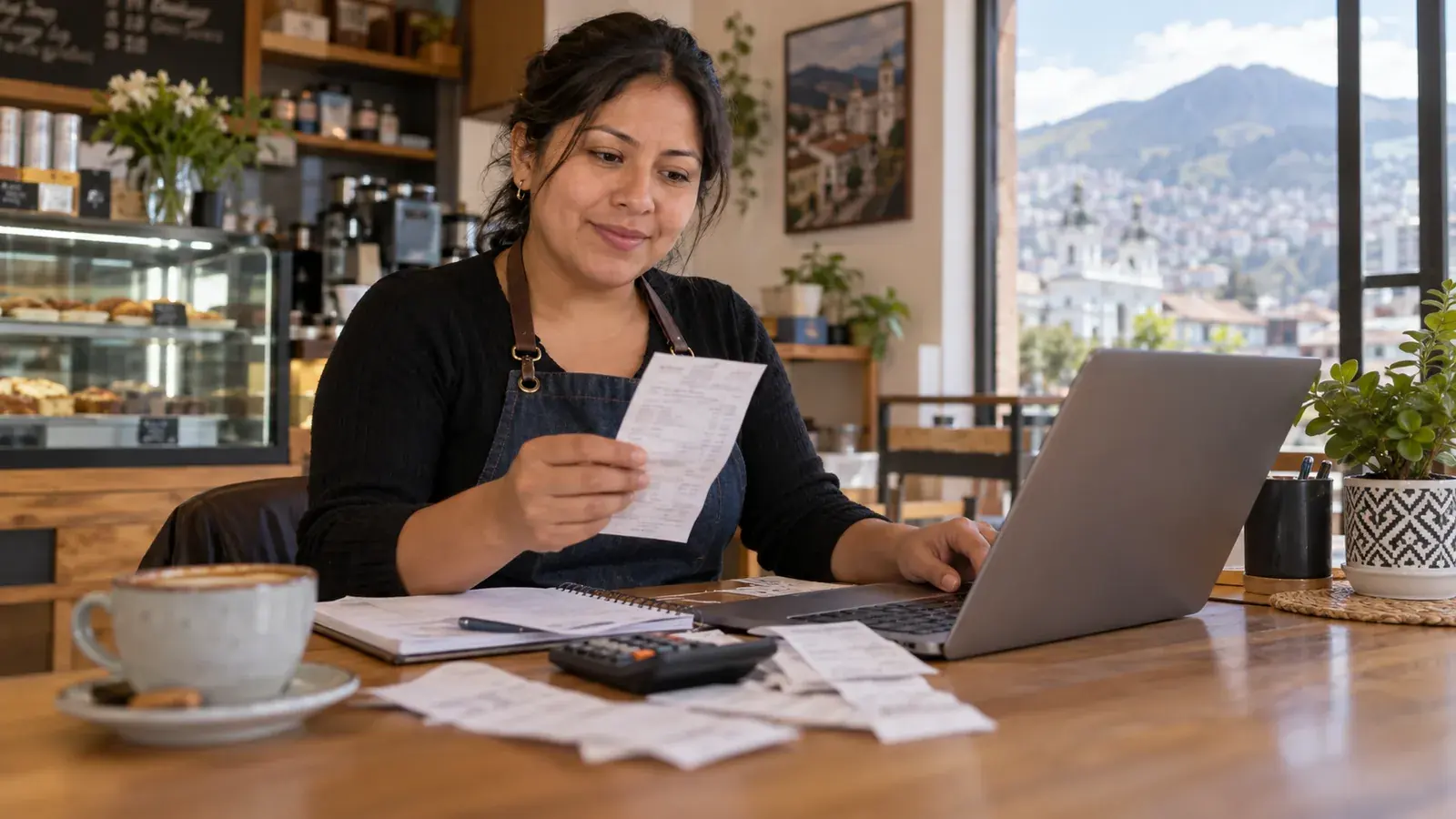 Emprendedora revisando comprobantes y facturas en su negocio