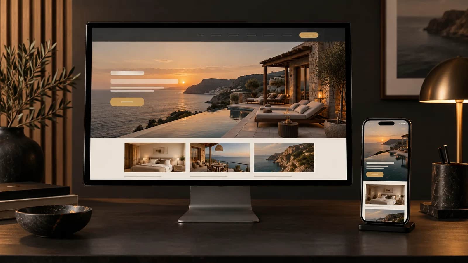 Mockup de una landing page de hotel en monitor y teléfono