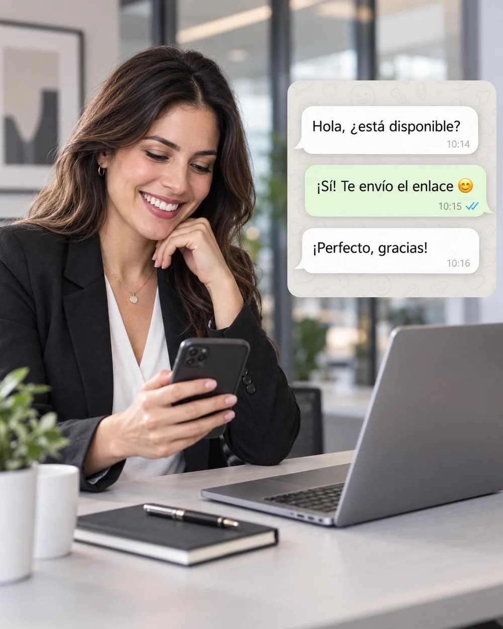 Empresaria sonriente en una oficina junto a una conversación de ventas simulada