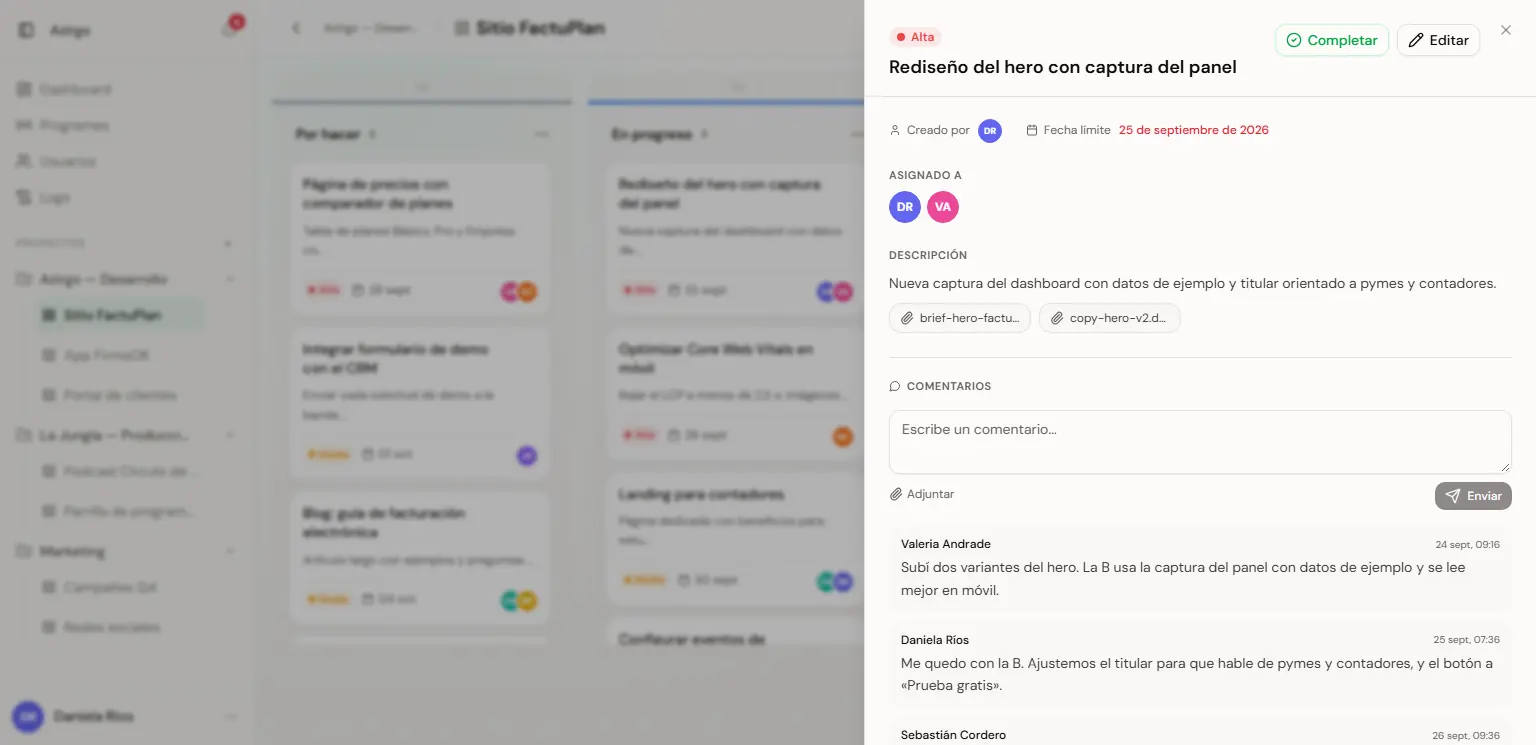 Azirgo Kanban: Detalle de una tarea con prioridad, fecha límite, responsables, adjuntos y comentarios (datos de ejemplo)
