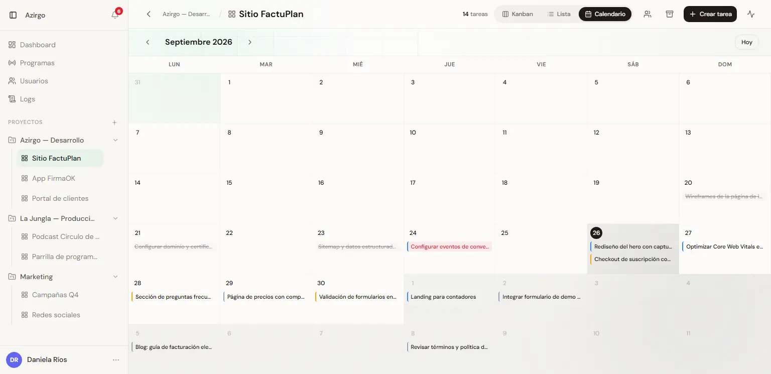 Azirgo Kanban: Vista de calendario con las tareas por fecha límite (datos de ejemplo)