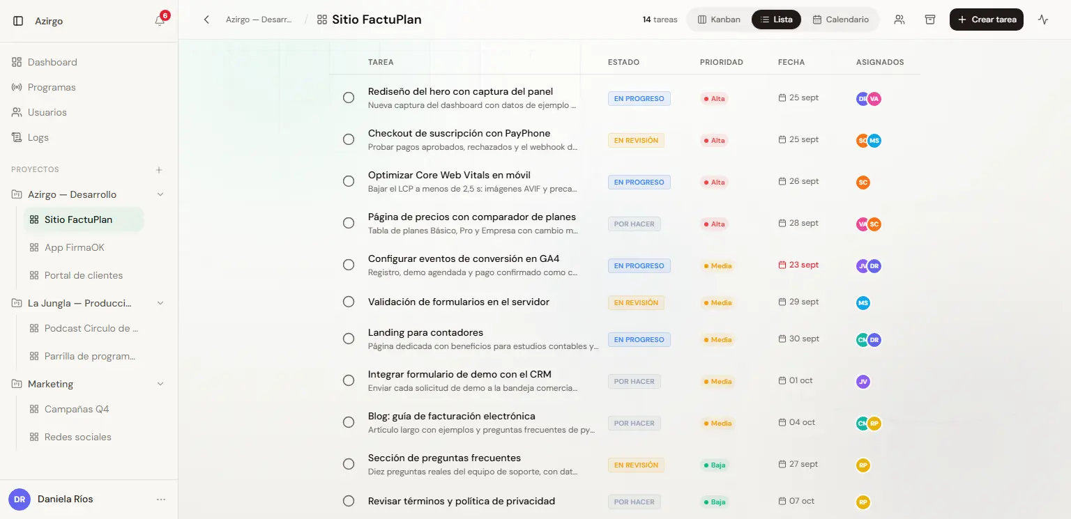 Azirgo Kanban: Vista de lista con estado, prioridad, fecha y responsables (datos de ejemplo)