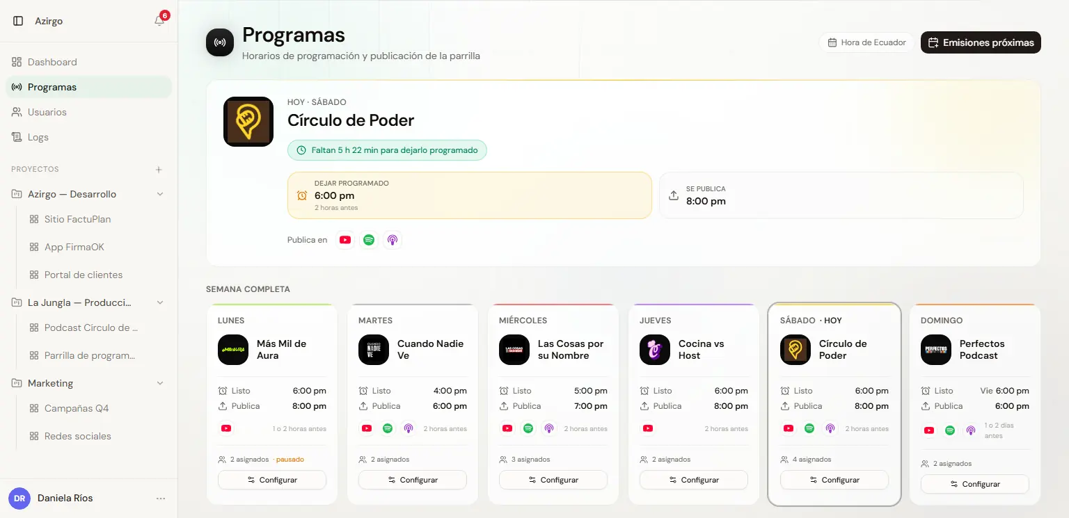 Azirgo Kanban: Programas: el del día con su cuenta regresiva y la parrilla semanal (datos de ejemplo)