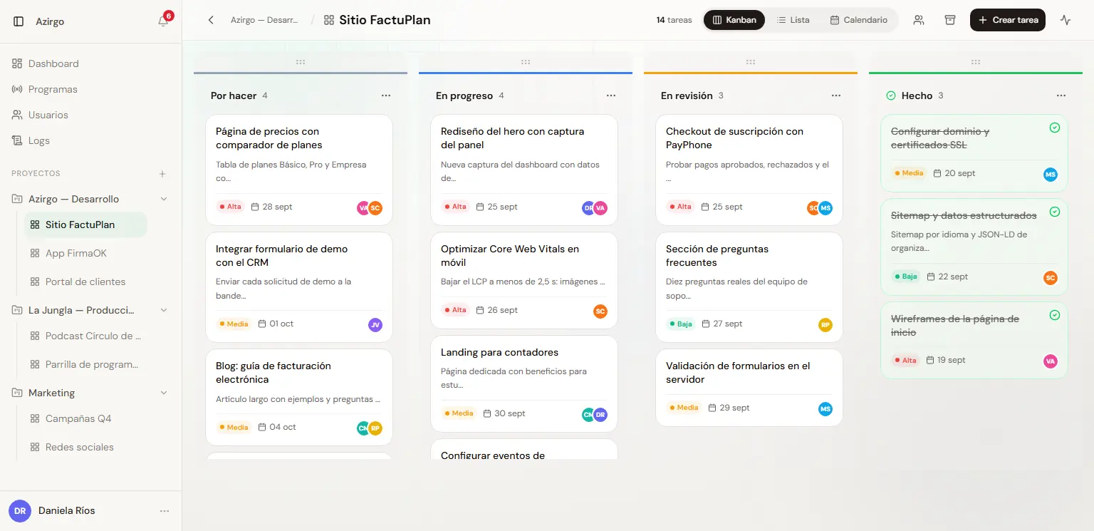 Tablero kanban de Azirgo Kanban con tareas en las columnas Por hacer, En progreso, En revisión y Hecho (datos de ejemplo)