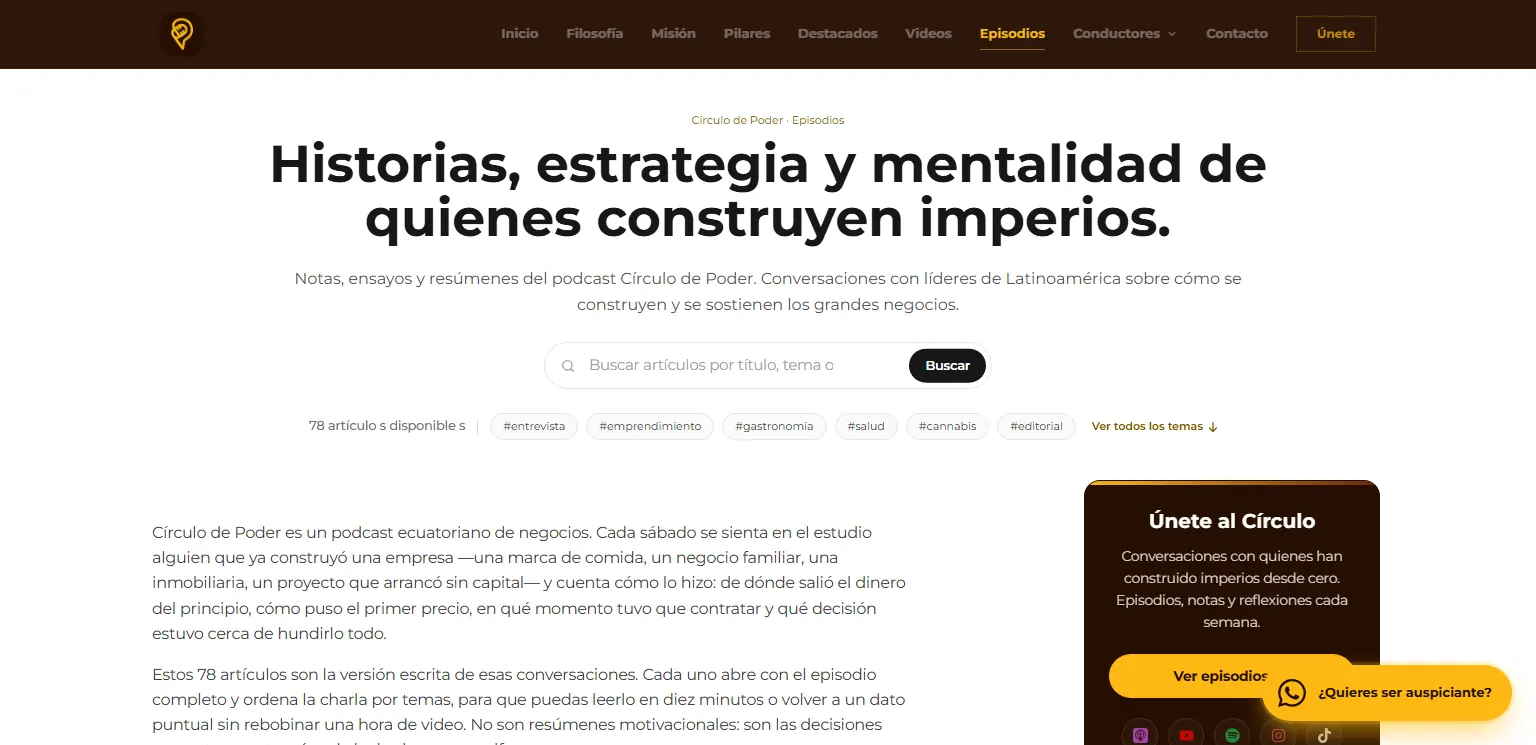 Círculo de Poder: Archivo de episodios con buscador y temas destacados