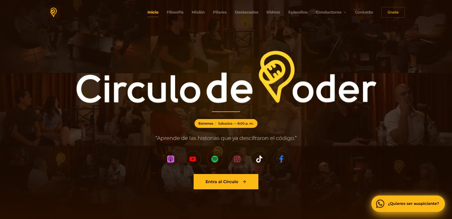 Portada del sitio de Círculo de Poder, podcast de negocios y emprendimiento, con su logo sobre fotos del set
