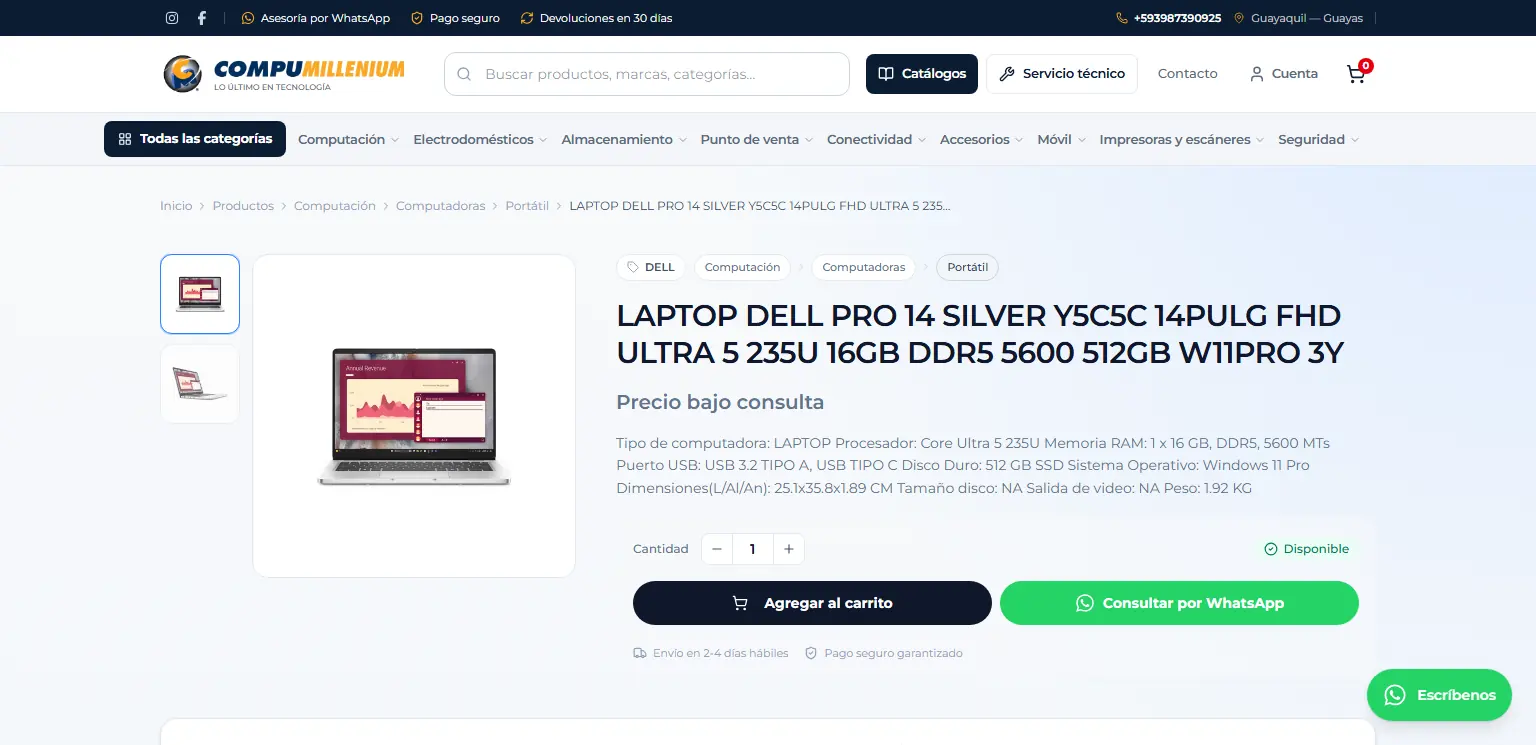 Compumillenium: Product page with gallery, specs, cart and WhatsApp enquiry