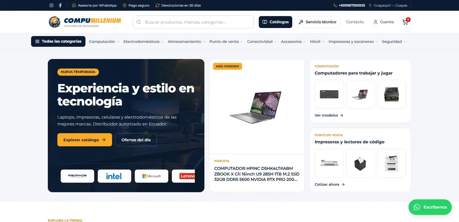Compumillenium home page, an online store for laptops, computers and accessories in Guayaquil