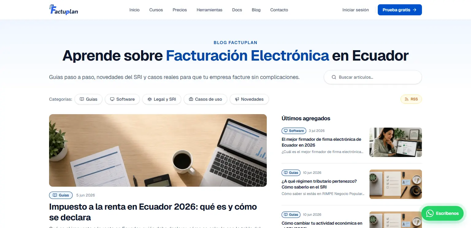 FactuPlan: Índice del blog: buscador, cinco categorías y los artículos más recientes