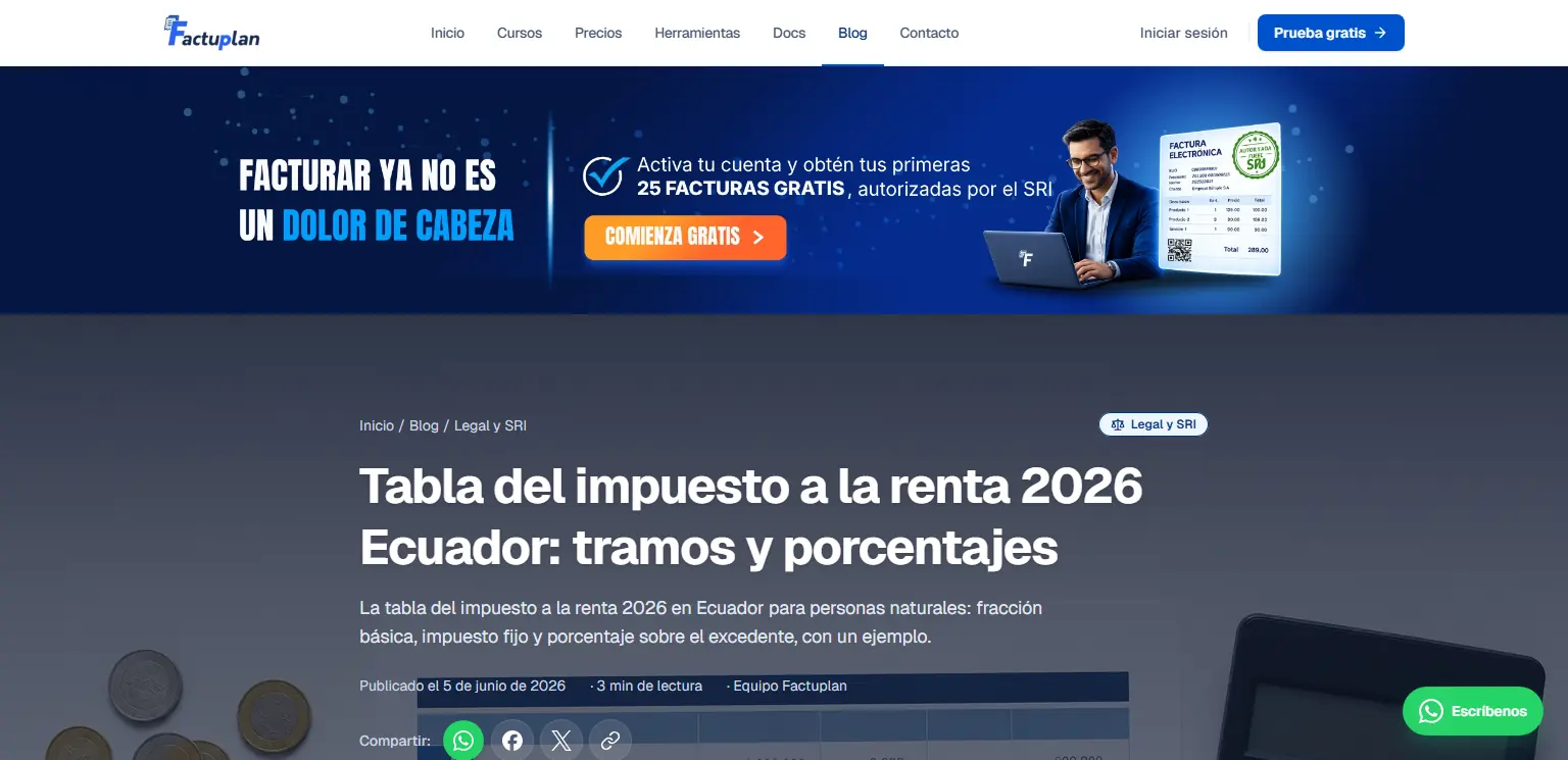 FactuPlan: Artículo de Legal y SRI con migas de pan, minutos de lectura y autor