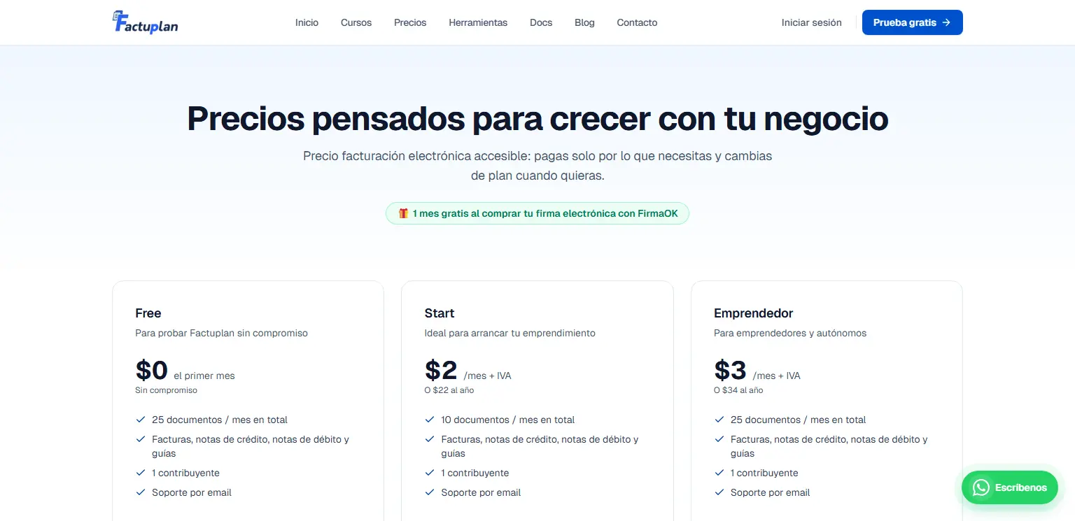 FactuPlan: Precios: ocho planes, del gratuito al de 1000 documentos al mes