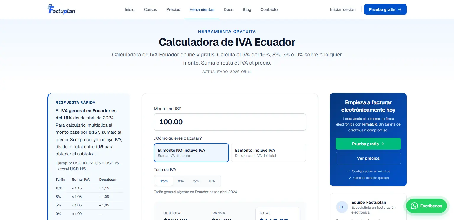 FactuPlan: Calculadora de IVA que suma o desglosa el 15 %, 8 %, 5 % o 0 % de un monto