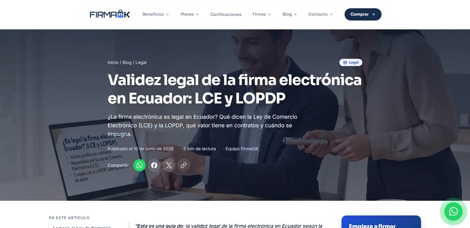 FirmaOK: Artículo de la categoría Legal sobre la validez de la firma según la LCE y la LOPDP