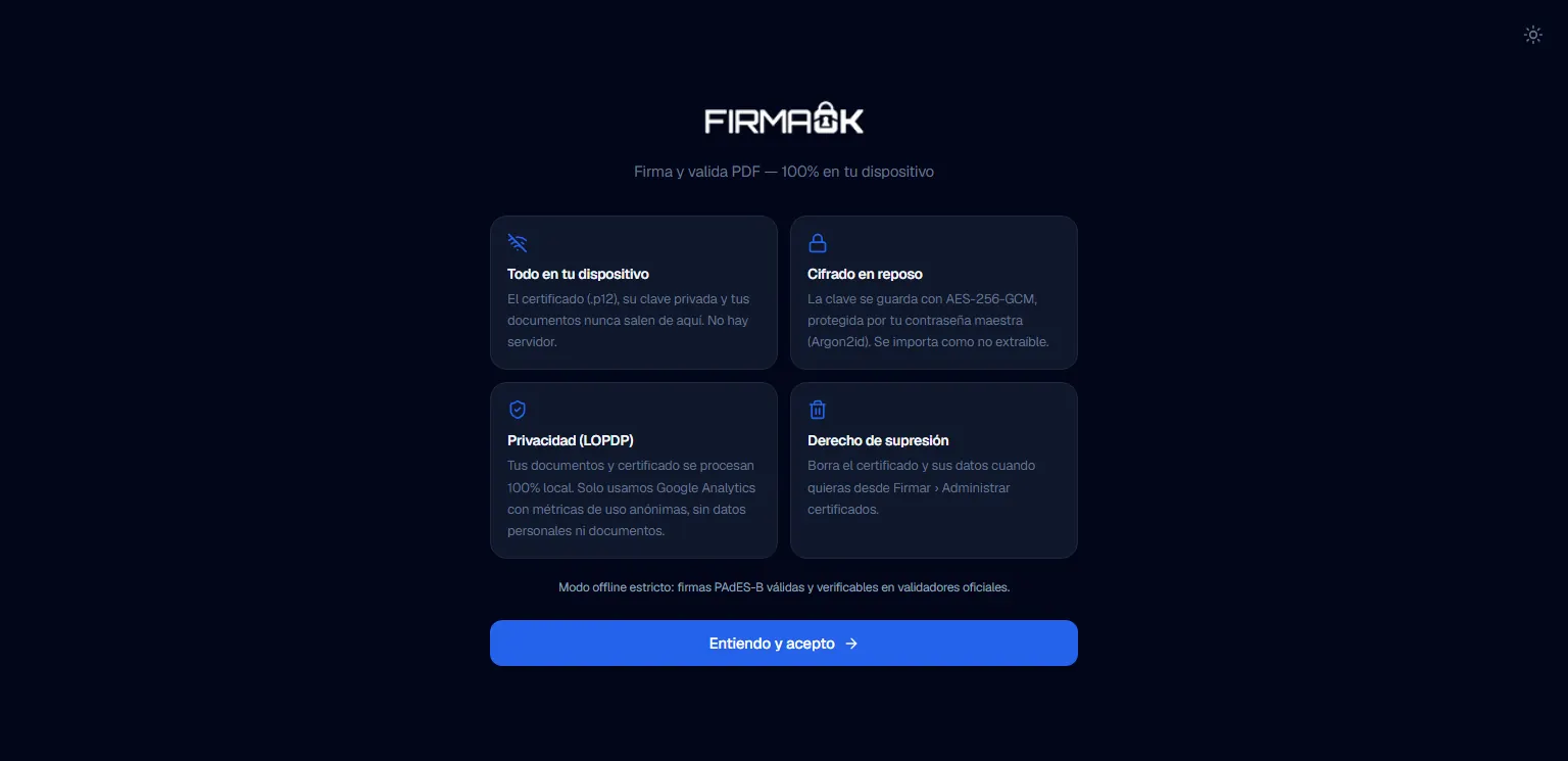 Firmador FirmaOK: Consentimiento informado (LOPDP): todo se procesa en el dispositivo y el certificado se guarda cifrado