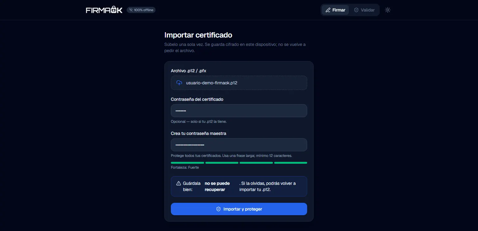 Firmador FirmaOK: Importación de un certificado de prueba .p12 y creación de la contraseña maestra