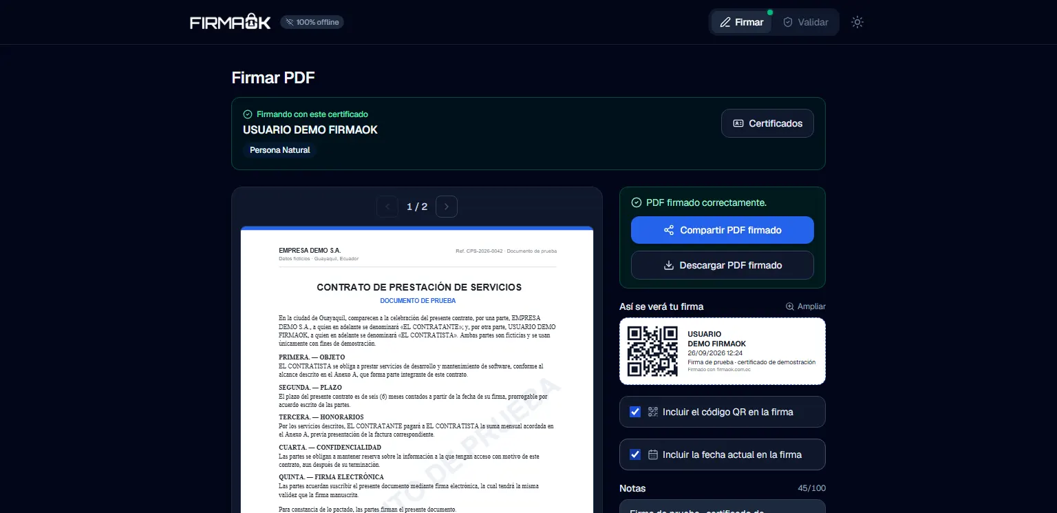 Firmador FirmaOK: Firma completada con el certificado de prueba, lista para compartir o descargar
