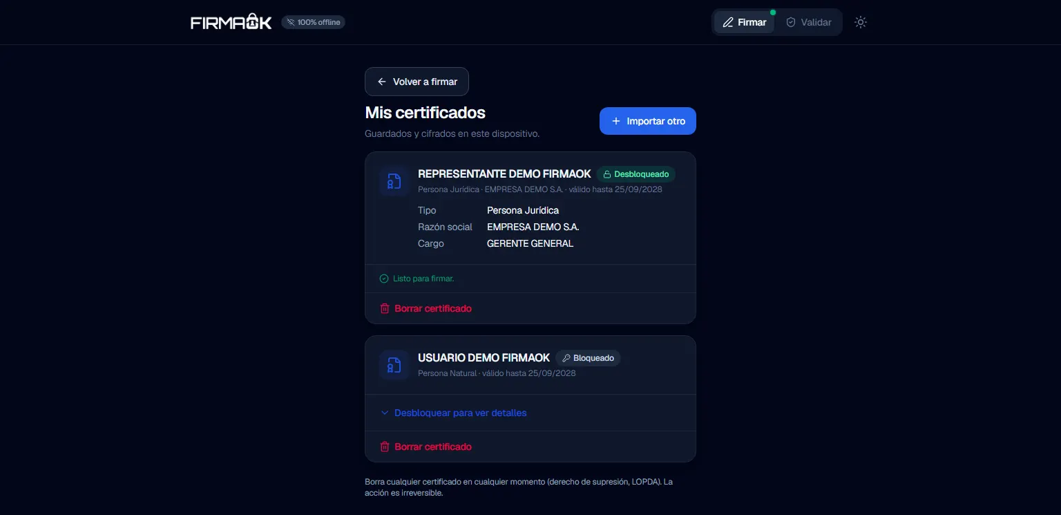 Firmador FirmaOK: Dos certificados de prueba guardados y cifrados en el dispositivo