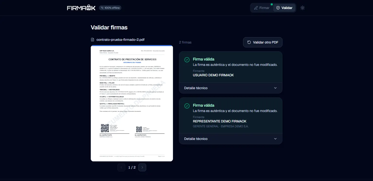 Firmador FirmaOK: Validación offline: las dos firmas del contrato de prueba son válidas