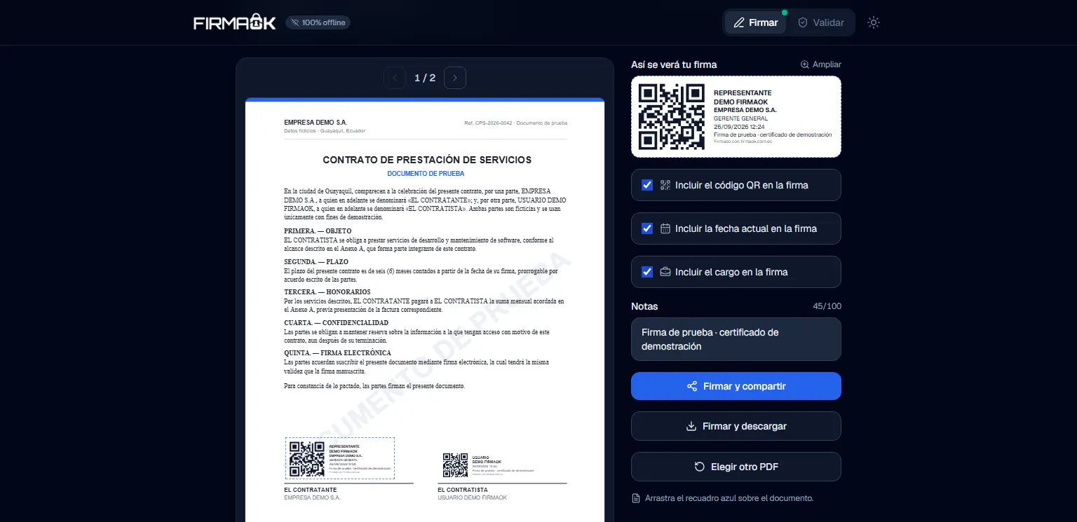 Firmador FirmaOK con un contrato de ejemplo: la firma visible de un certificado de prueba y el recuadro de una segunda firma listo para colocarse