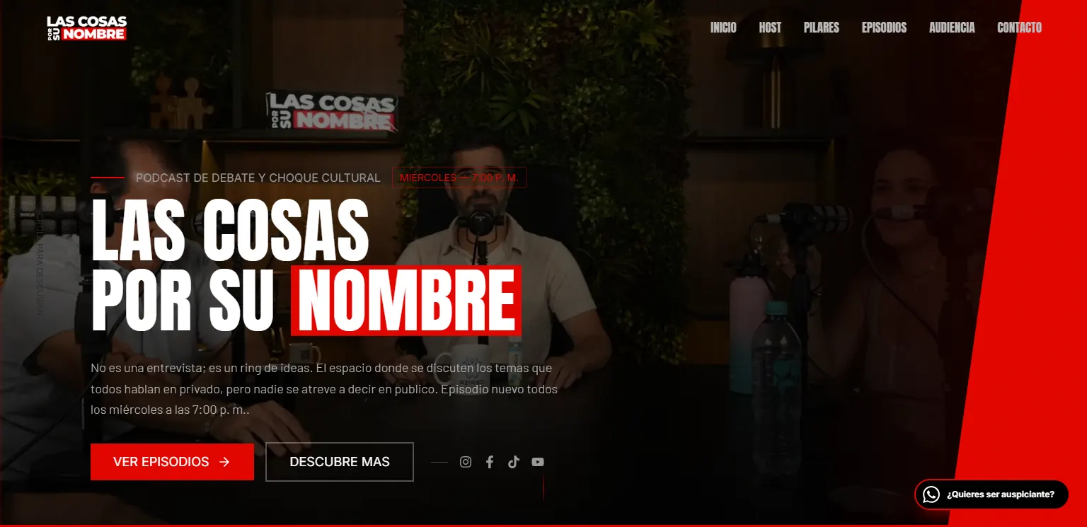 Home page of the Las Cosas Por Su Nombre site, a debate podcast hosted by Jorge Cassis, in black and red