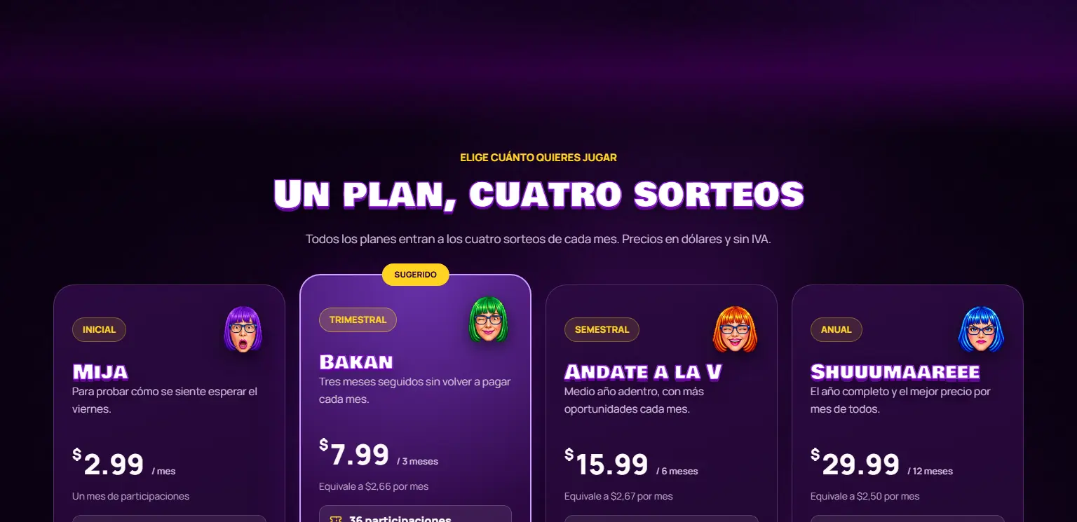 Mi Primer Premio: Los cuatro planes, con precios leídos del API de la plataforma