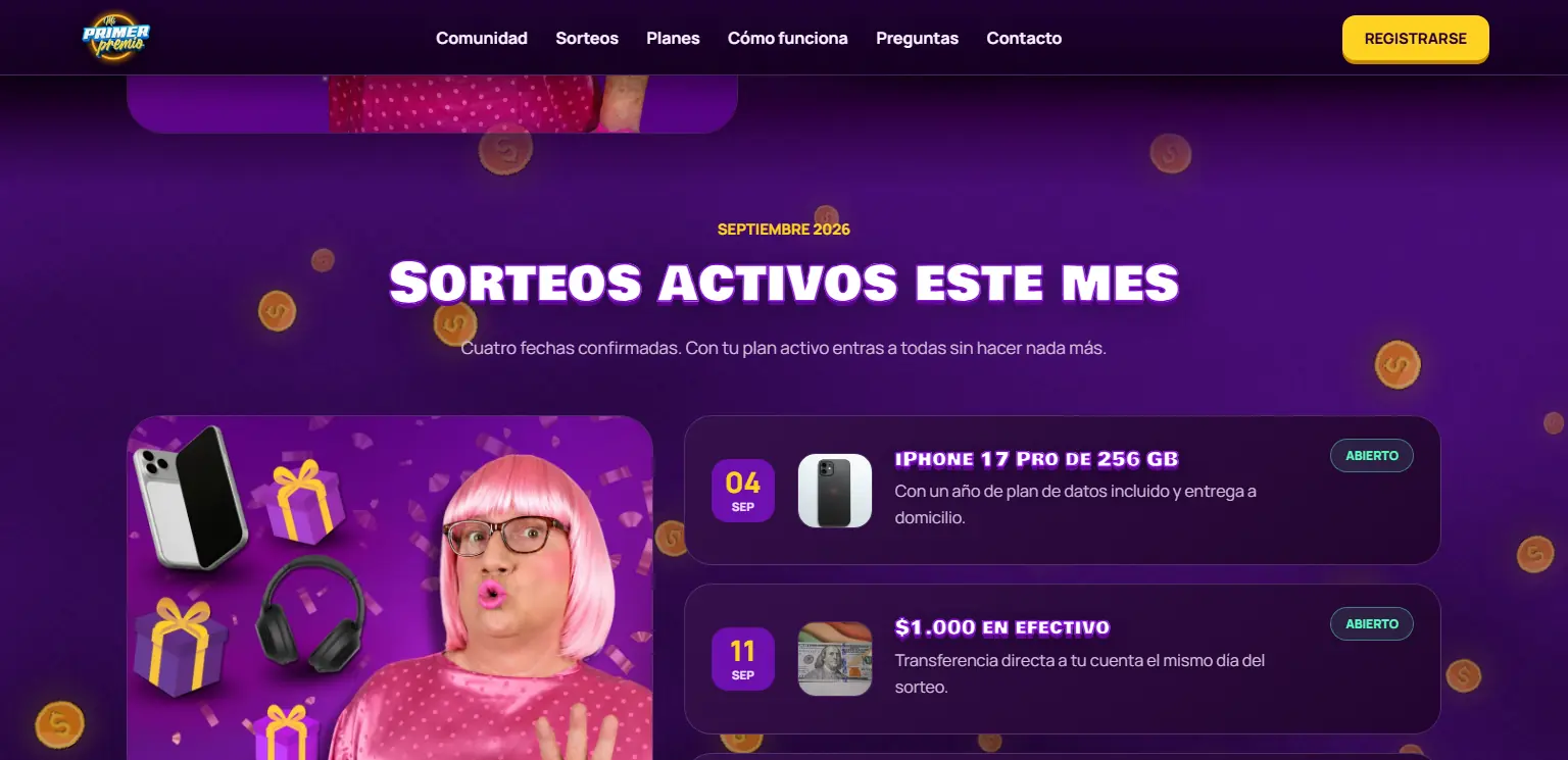 Mi Primer Premio: Sorteos del mes sobre un fondo animado con WebGL