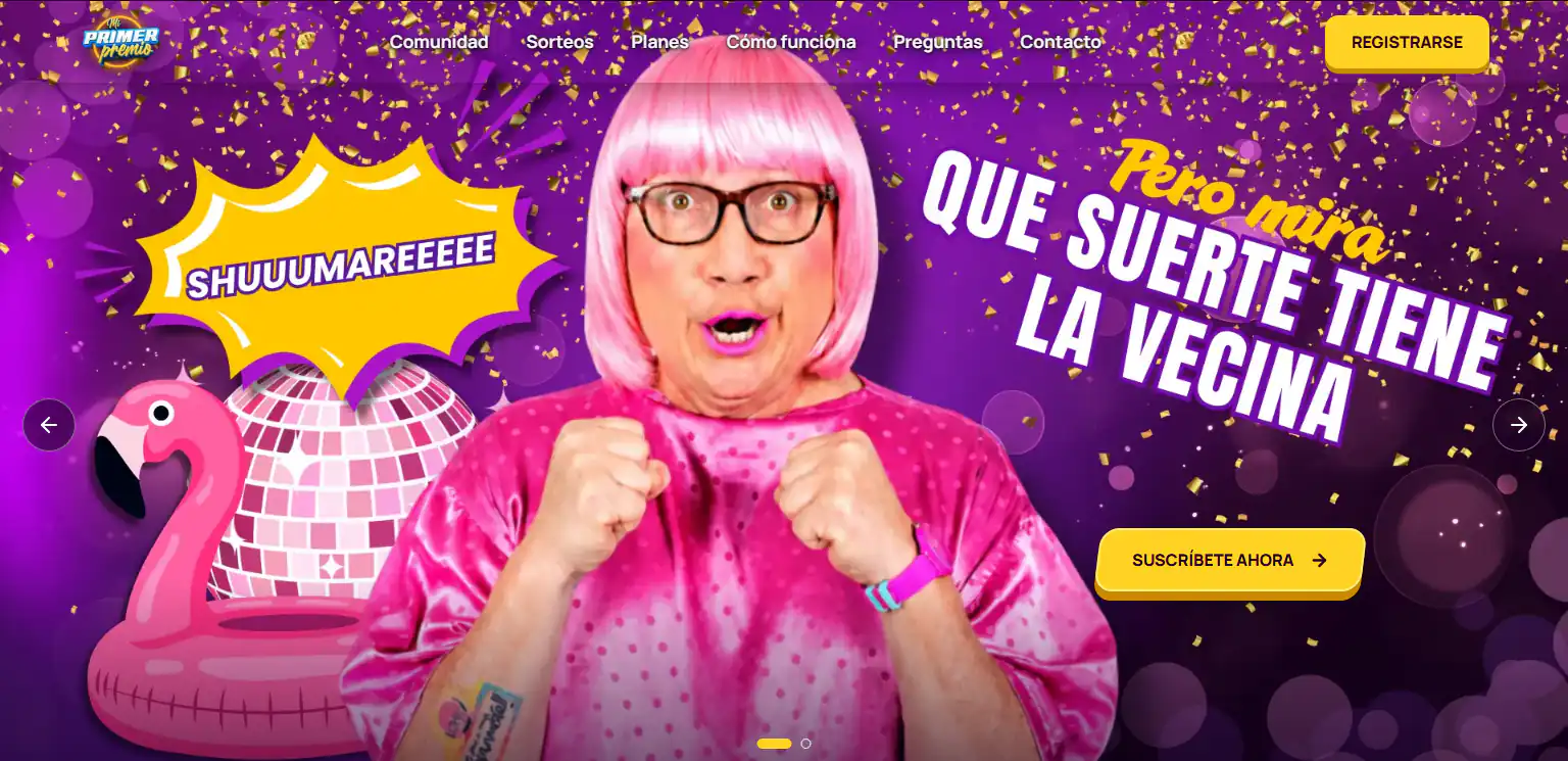 Portada de Mi Primer Premio, con La Vecina celebrando y el anuncio de cuatro sorteos cada mes