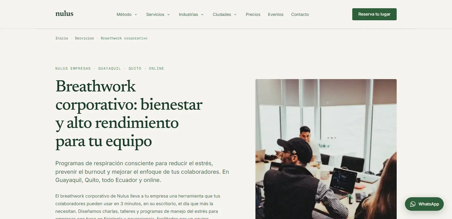 Nulus: Landing de breathwork corporativo para empresas