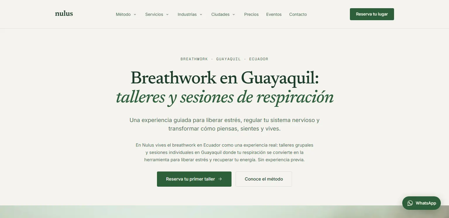 Portada del sitio de Nulus, talleres y sesiones de breathwork en Guayaquil