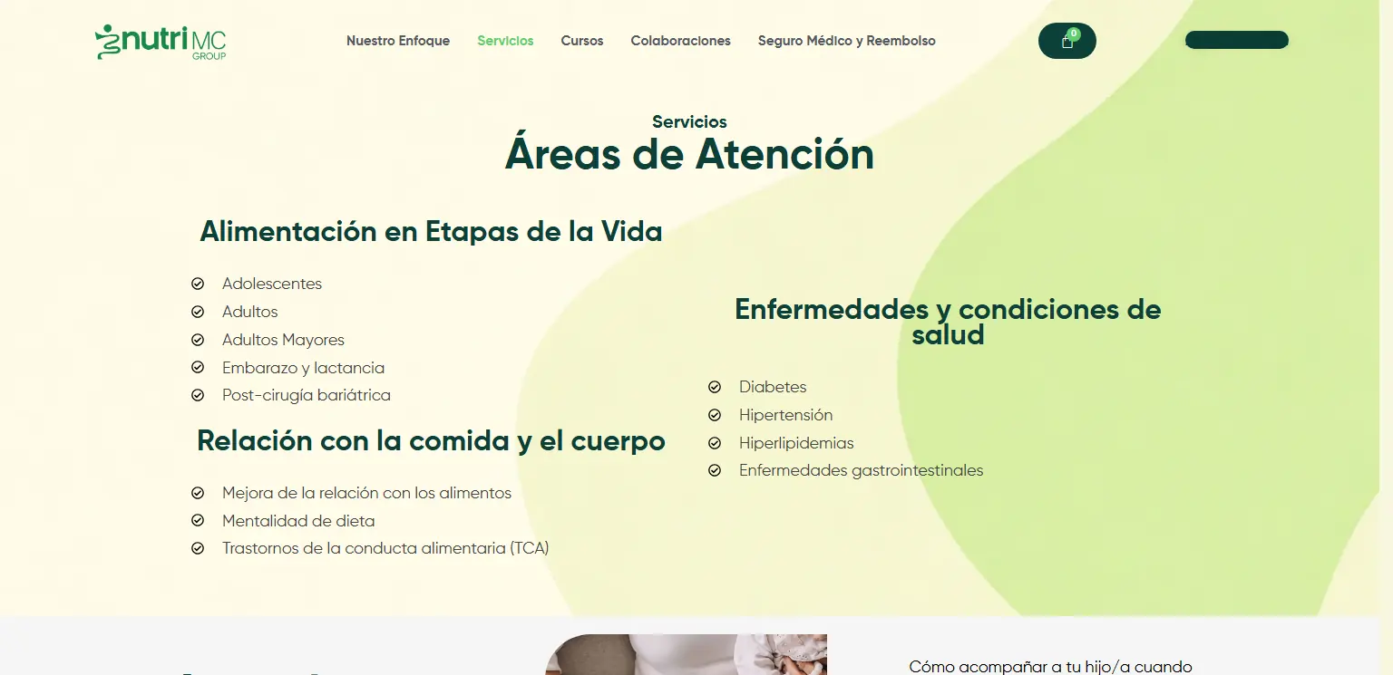 NutriMC Group: Áreas de atención organizadas por etapa de vida y condición de salud