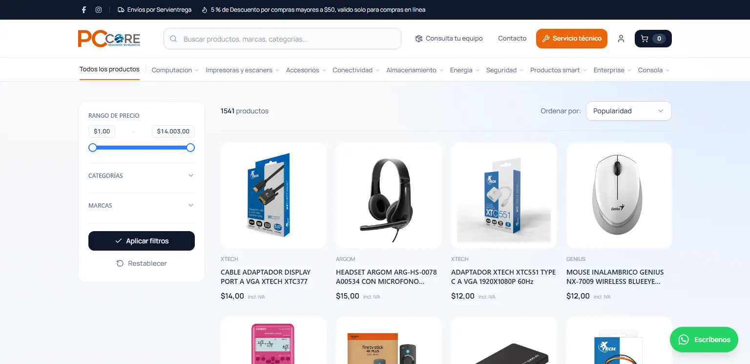 PCCore: Catálogo con filtros por precio, categoría y marca