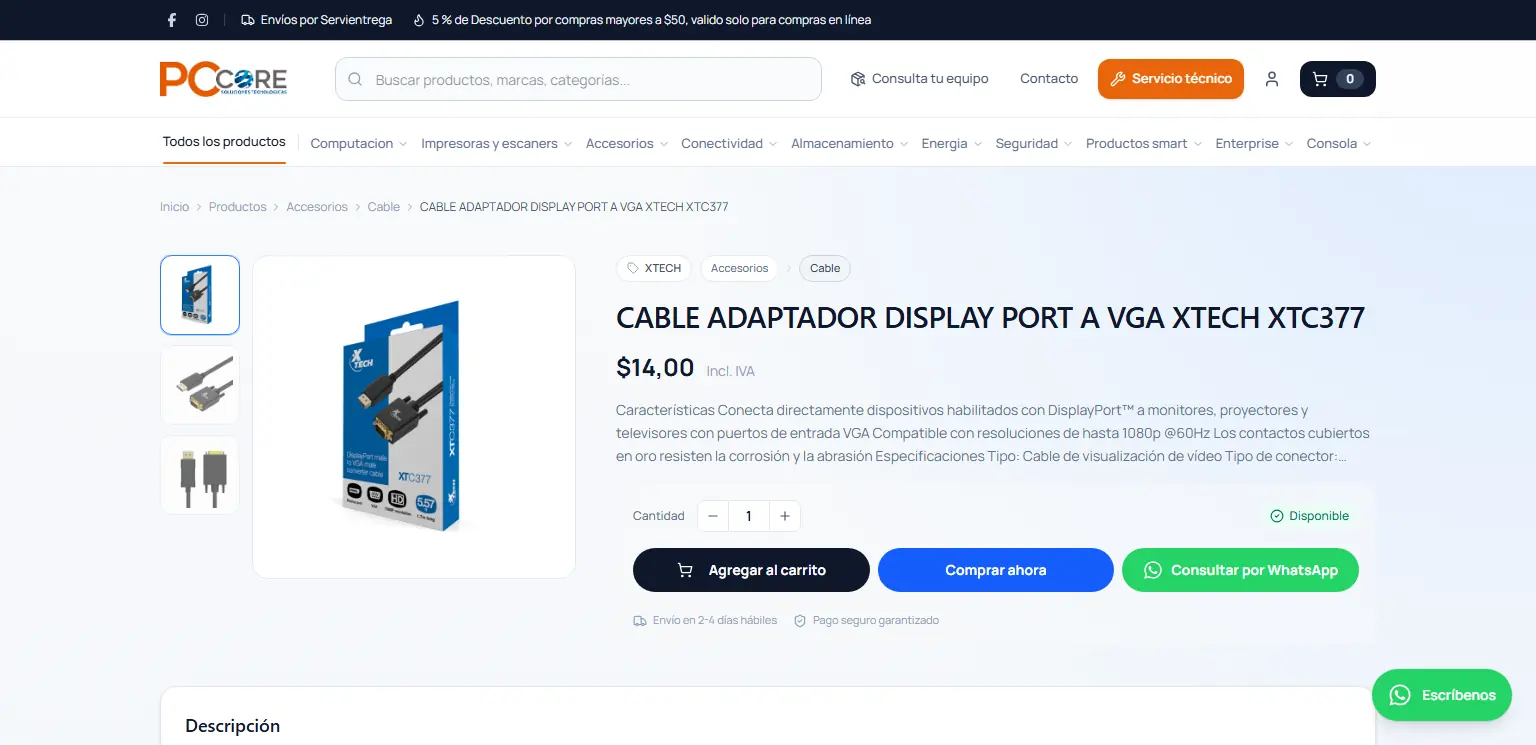 PCCore: Ficha de producto con galería, precio, carrito, compra directa y consulta por WhatsApp