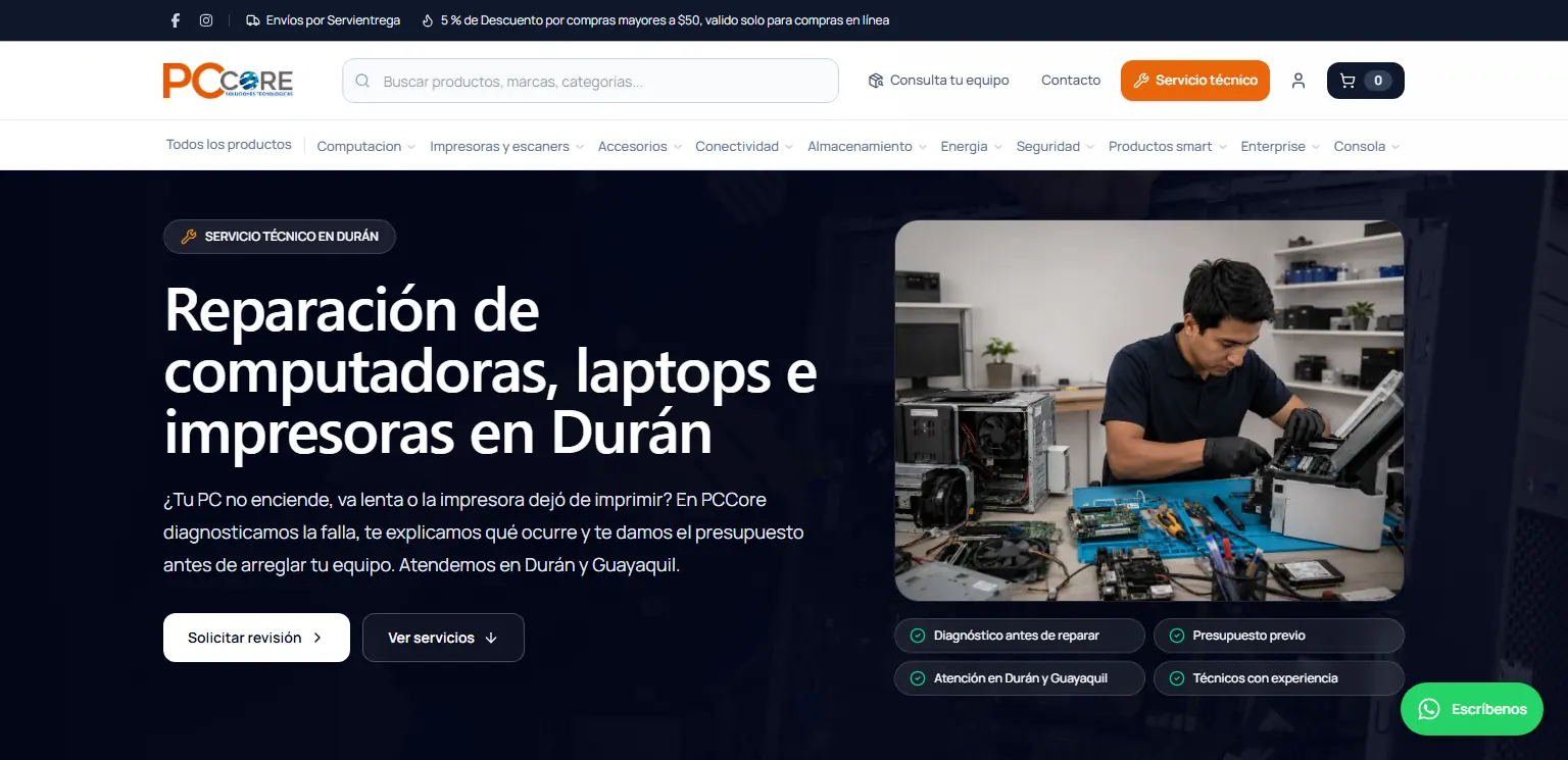 PCCore: Página de servicio técnico que lleva clientes al taller