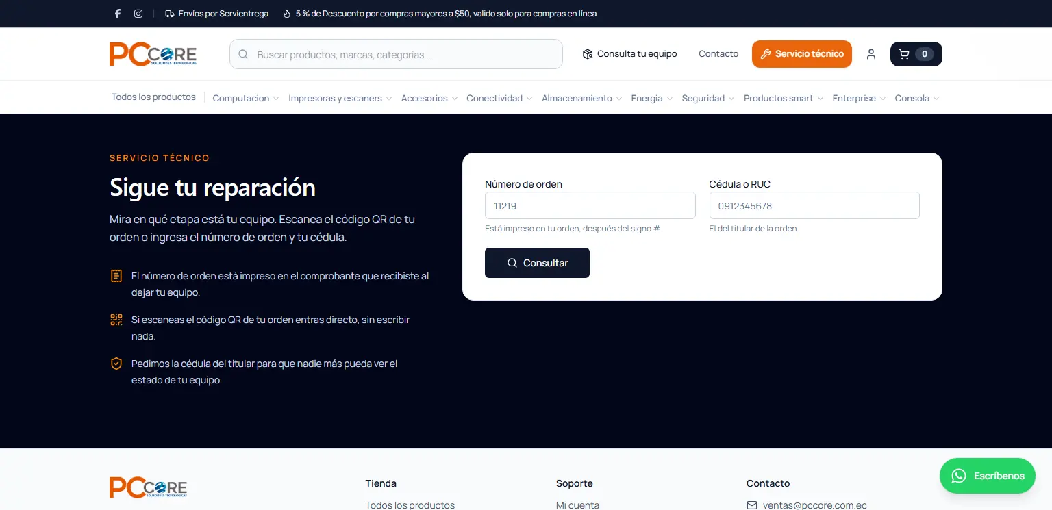 PCCore: Seguimiento de reparaciones: número de orden o QR más la cédula del titular