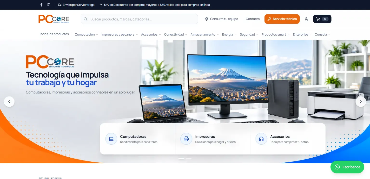 Página de inicio de la tienda online de PCCore, con buscador, menú de categorías, consulta de equipos en reparación y acceso a servicio técnico