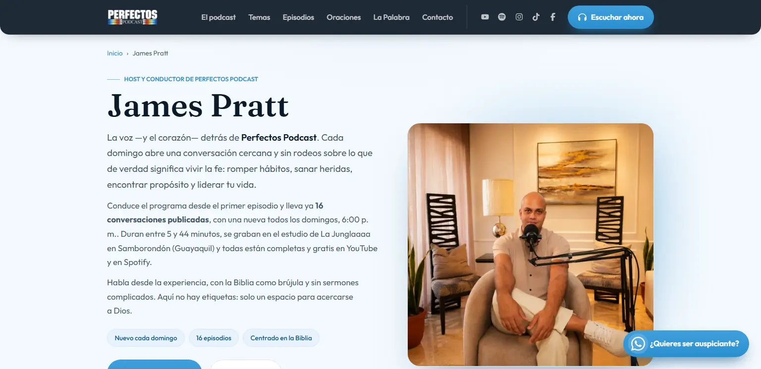 Perfectos Podcast: Página del host, James Pratt, con su semblanza y sus episodios