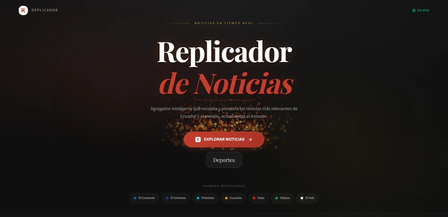 Poder en los Medios: Replicador de Noticias, the newsroom panel (running locally on sample data)