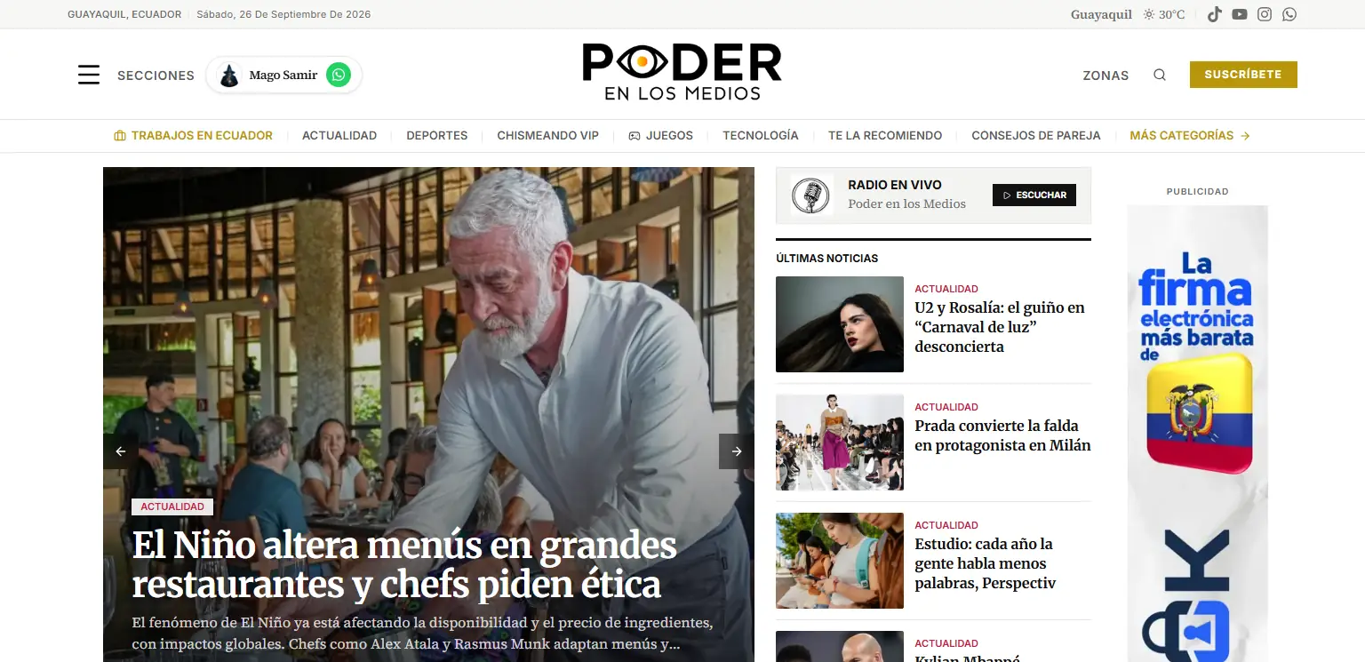 Poder en los Medios home page, a news portal from Ecuador showing the Actualidad section and the latest news