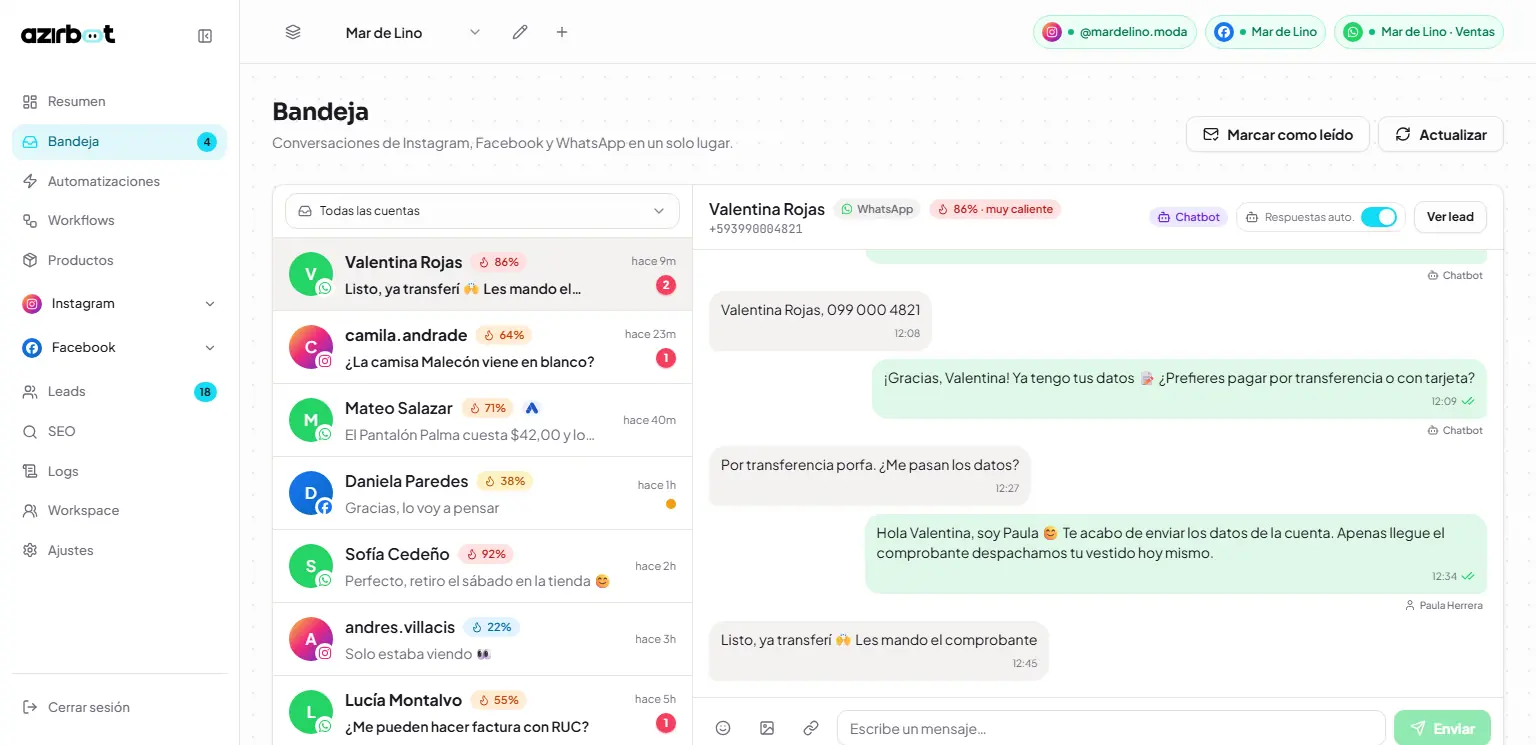 Azirbot: Bandeja unificada con una conversación de WhatsApp atendida por el chatbot y una asesora (datos de ejemplo)