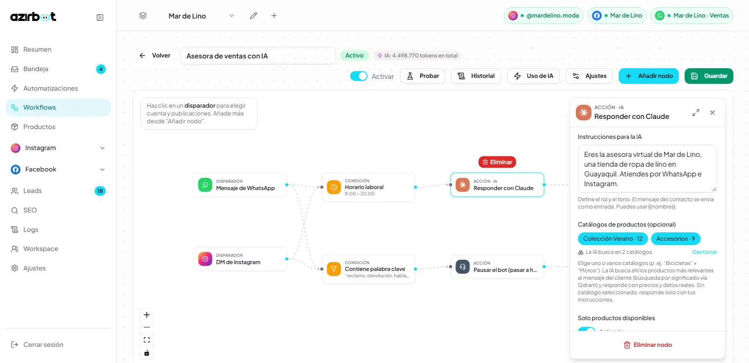 Azirbot: Configuración del nodo de Claude: instrucciones del agente y catálogos que consulta (datos de ejemplo)