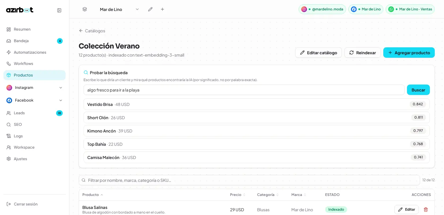 Azirbot: Catálogo de productos con la prueba de búsqueda semántica (datos de ejemplo)