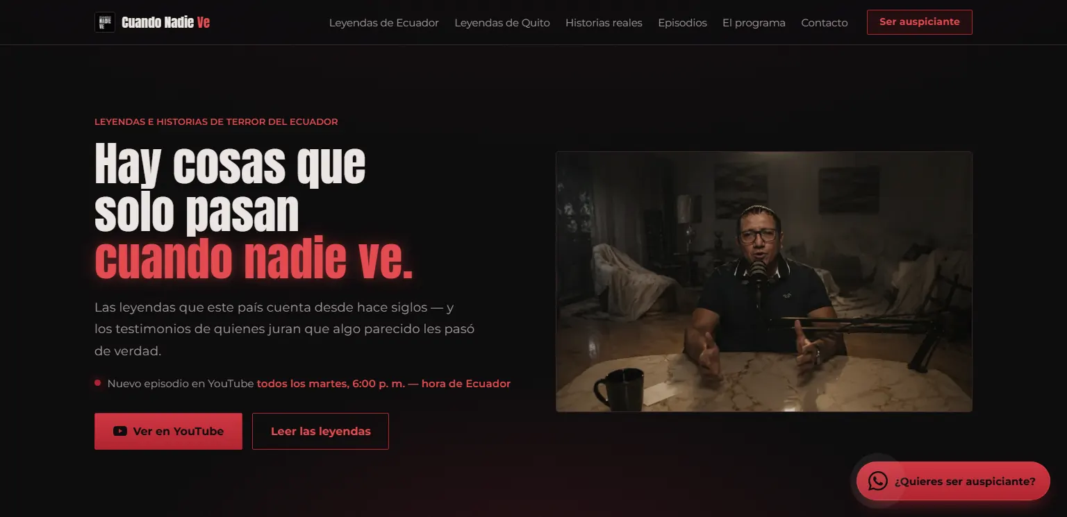 Portada del sitio de Cuando Nadie Ve, programa de leyendas e historias de terror del Ecuador