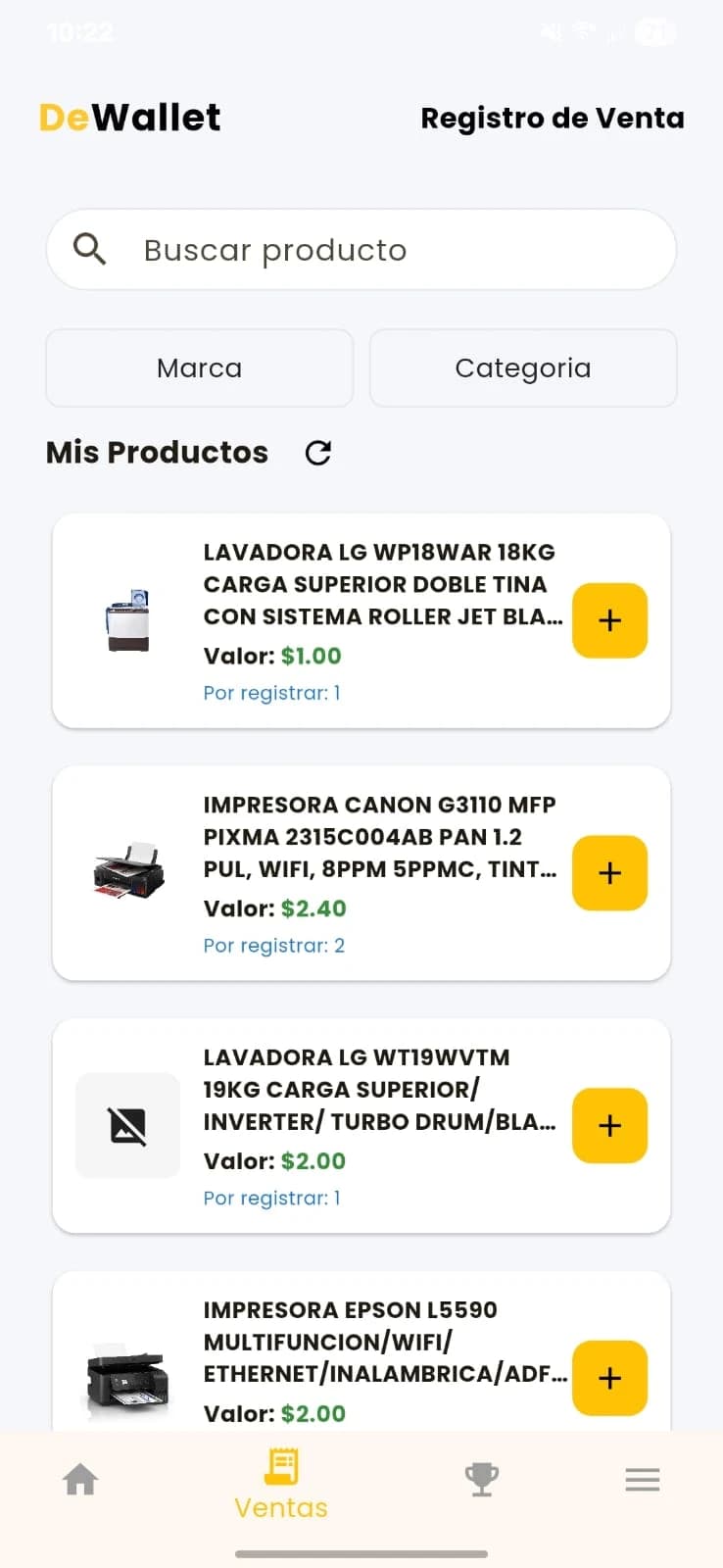 Pantalla de la app móvil DeWallet de incentivos por ventas